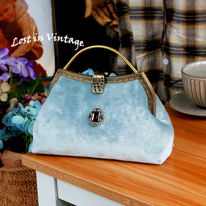 Vintage Aqua Velvet Clasp Evening Clutch Bag