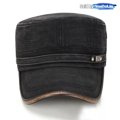 Washed Cotton Military Flat Cap with Leather Brim