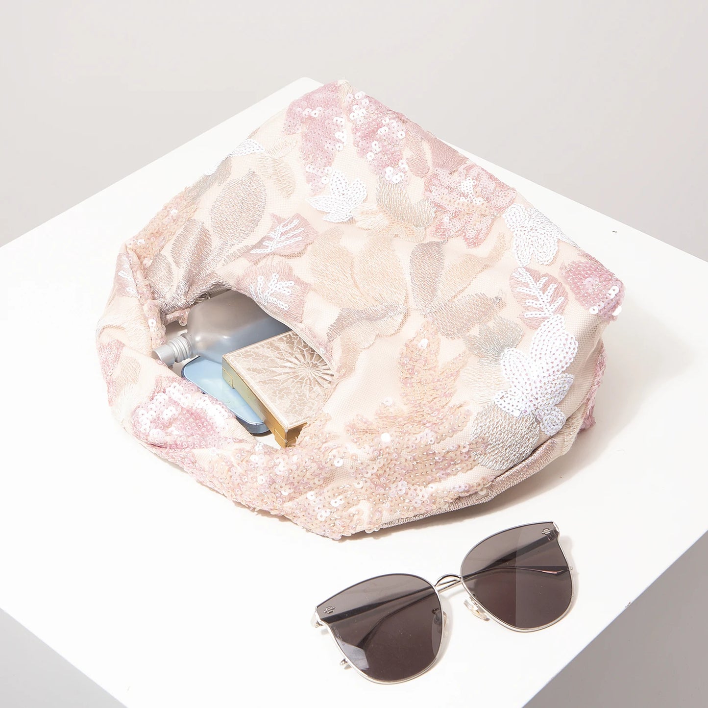 Floral Sequin Half-Moon Evening Bag