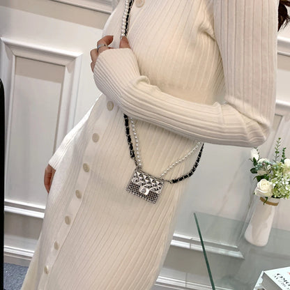 Mini Metallic Evening Box Bag with Pearl Chain