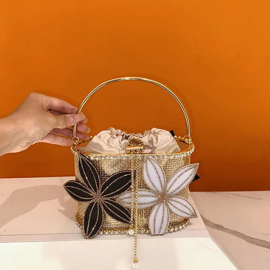 Handmade Floral Rhinestone Bucket Evening Bag