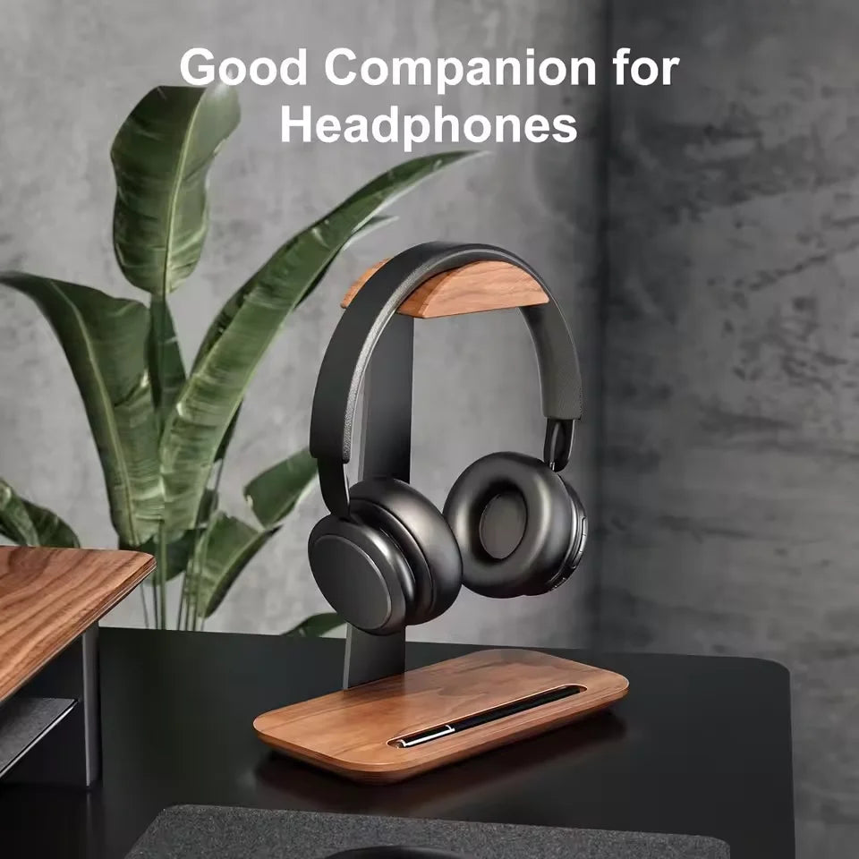Wood Headphone Stand with Storage Base for Desk