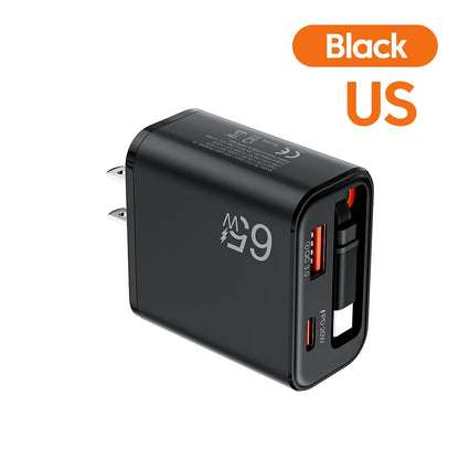 65W USB-C Fast Charger with Retractable Cable