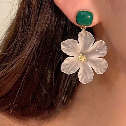 Obega White Flower Charm Square Metal Earrings