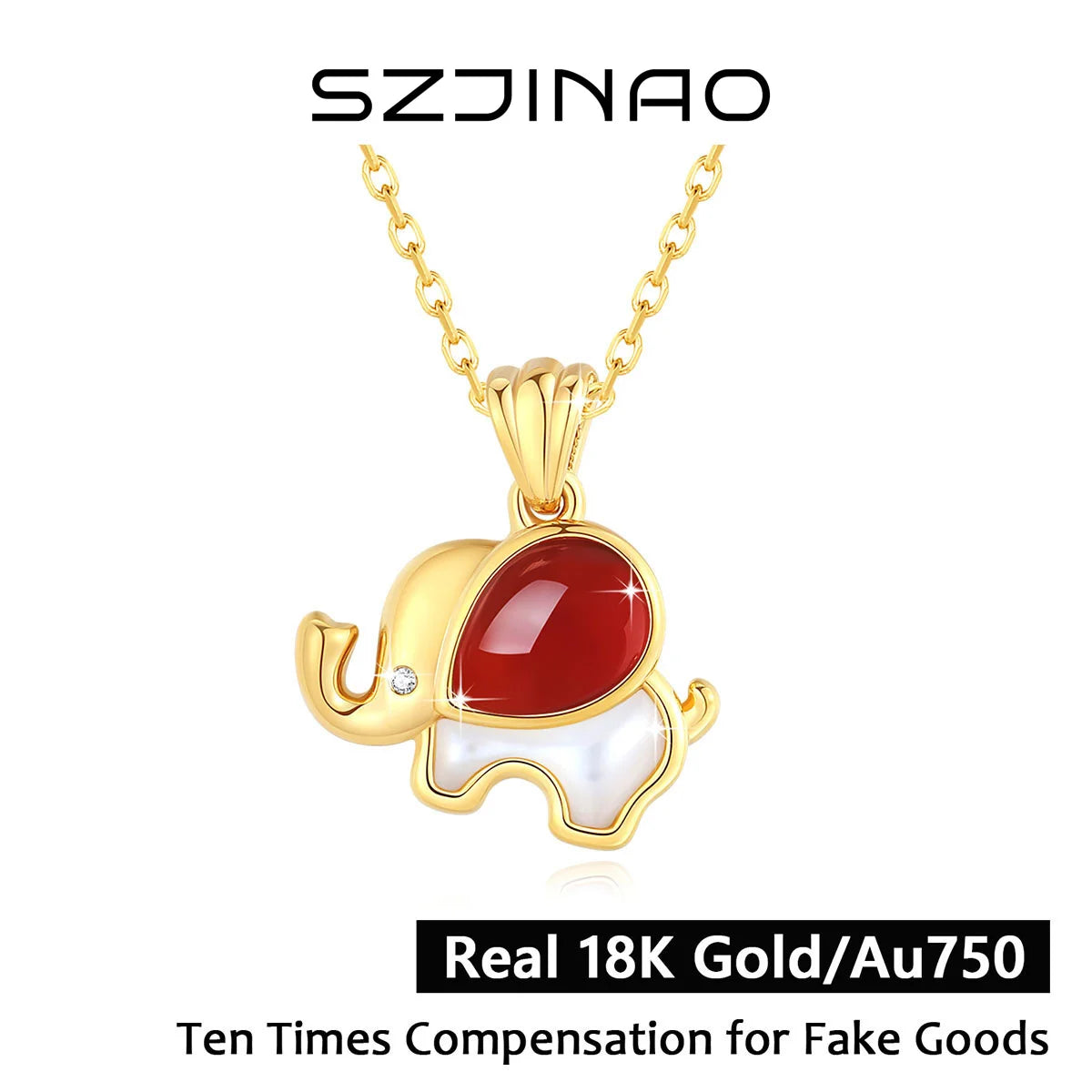 18K Gold Red Agate Elephant Pendant Necklace