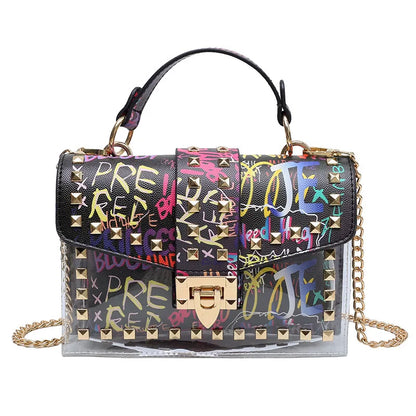 Studded Graffiti Crossbody Satchel Bag