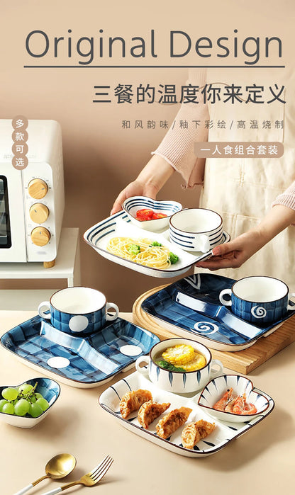 HOONRA Set of 3 Divided Plate Ceramic Kitchen Food Container