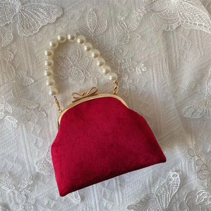 Vintage Green Velvet Pearl Clutch Bag