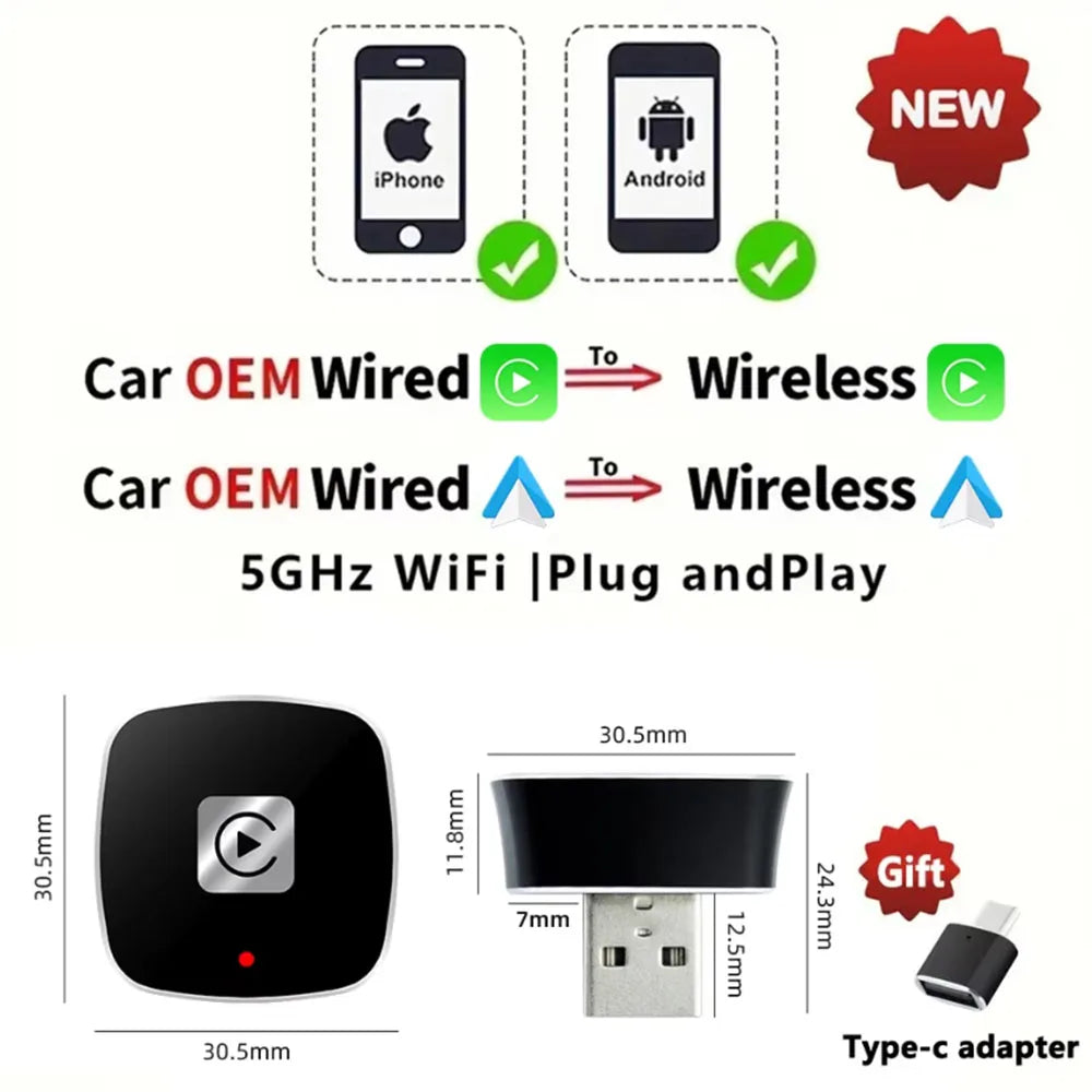 Wireless 2 in1 Carplay Adapter for Android IPhone