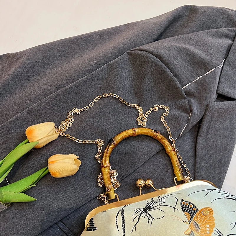 Luxury Embroidered Evening Handbag with Bamboo Handle