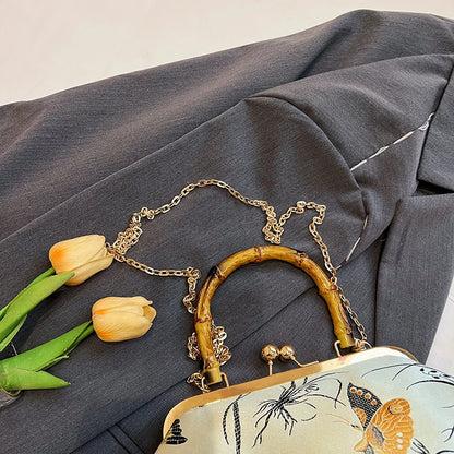 Luxury Embroidered Evening Handbag with Bamboo Handle