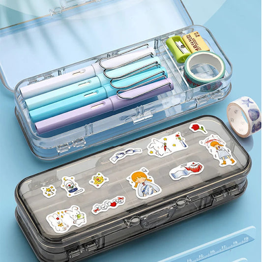 Double Layer Transparent Pencil Case – Large Capacity Stationery Organizer