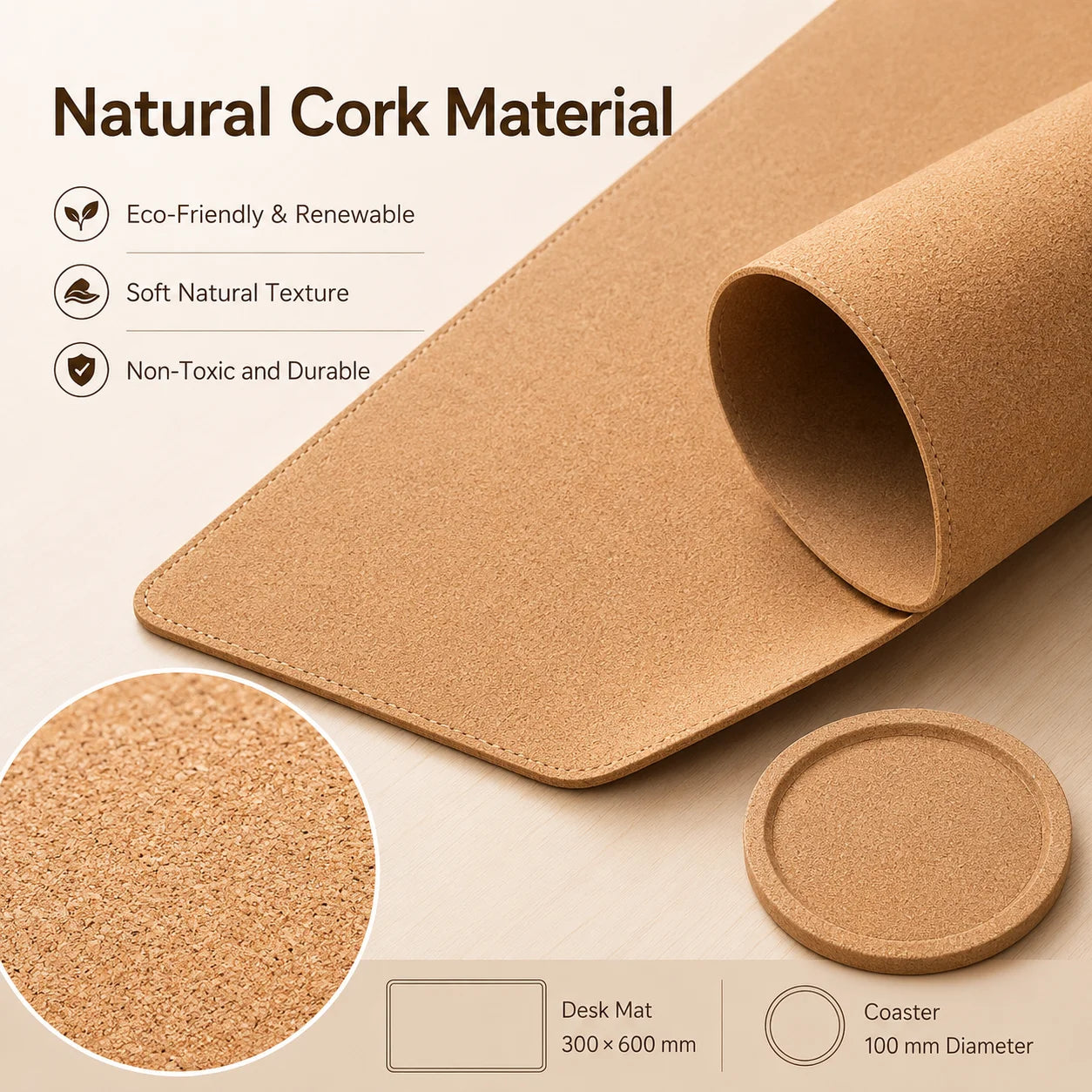Natural Cork Desk Mat & Coaster Set