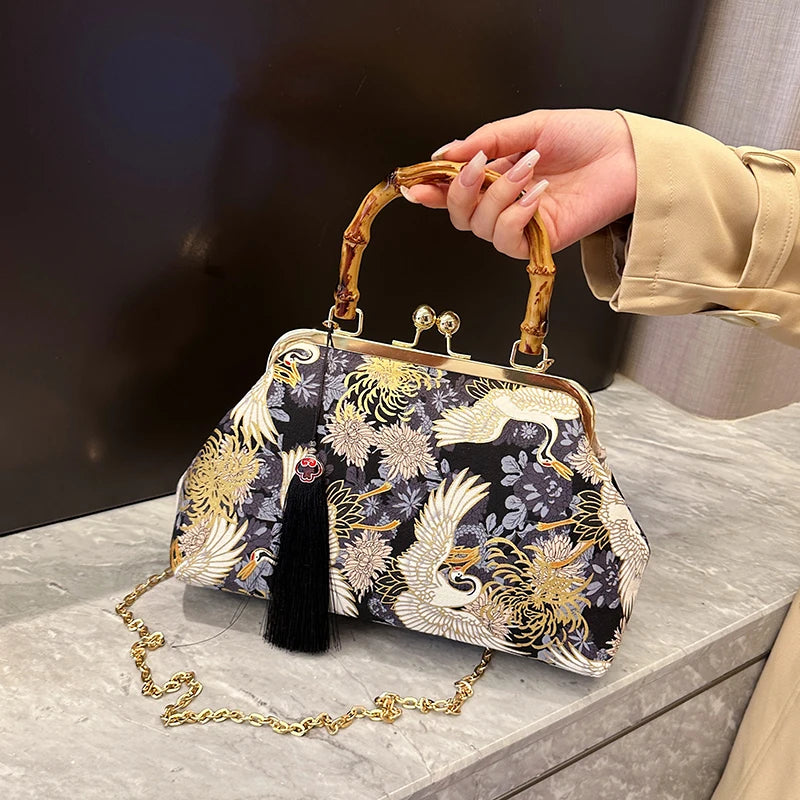 Traditional Embroidered Scene Top-Handle Evening Clutch Bag