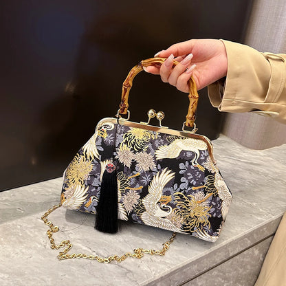 Traditional Embroidered Scene Top-Handle Evening Clutch Bag