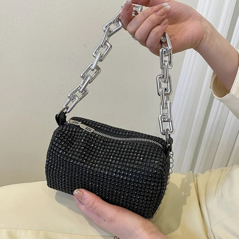 Rhinestone Bucket Bag – Glitter Chain Mini Crossbody Purse