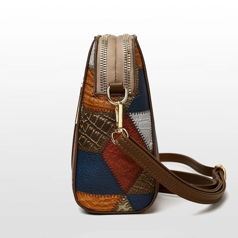 Vintage Patchwork Shoulder Bag with Zipper Closure