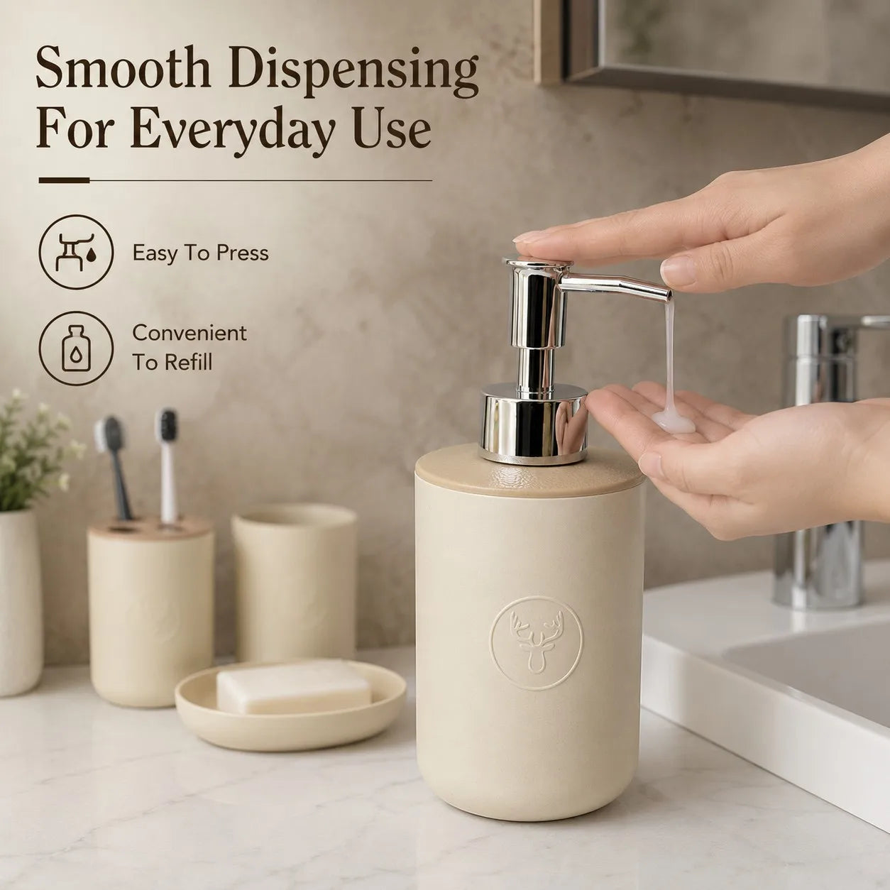Plastic Soap Dispenser, Toothbrush Holder, Tumbler & Soap Dish Set