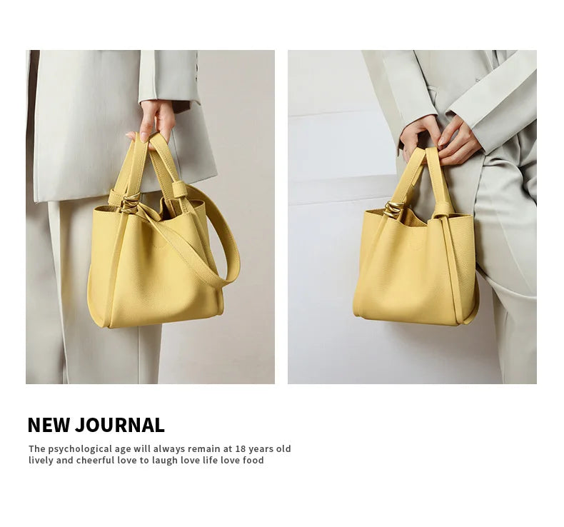 Genuine Leather Yellow Bucket Tote Bag for Women
