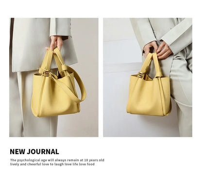 Genuine Leather Yellow Bucket Tote Bag for Women
