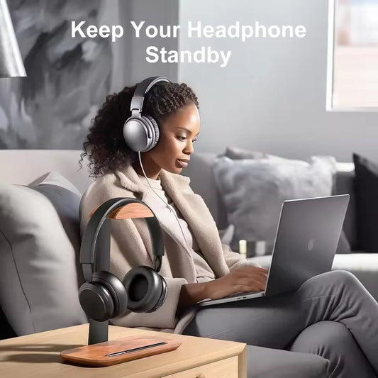 Wood Headphone Stand with Storage Base for Desk