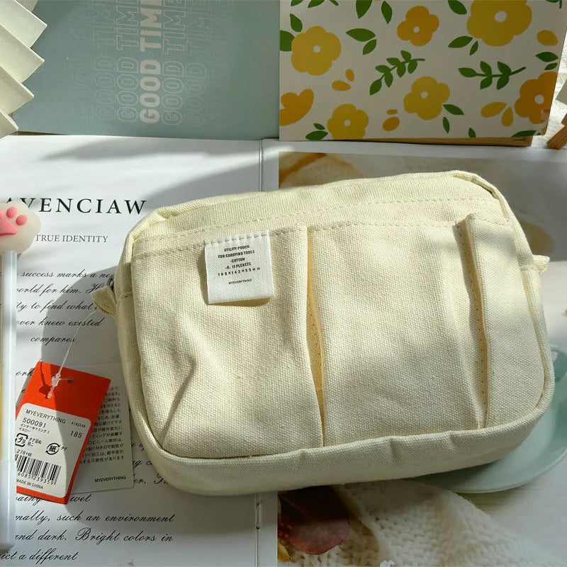 Large Capacity Canvas Pencil Case with Multi-Layer Storage