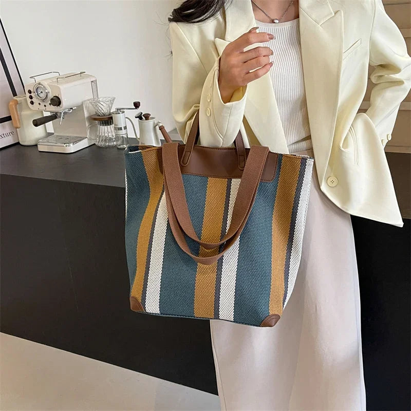 Striped Canvas Shoulder Tote Bag