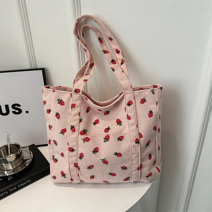Corduroy Strawberry Print Tote Bag
