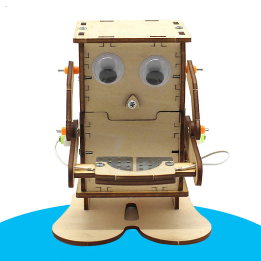 Wooden Electric Powered Eat Coin Robot DIY Model Educational Technology Kit Toy