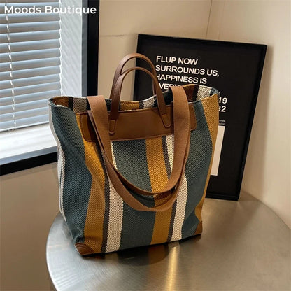 Striped Canvas Shoulder Tote Bag