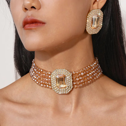 Multilayer Crystal Necklace & Geometric Earring Set