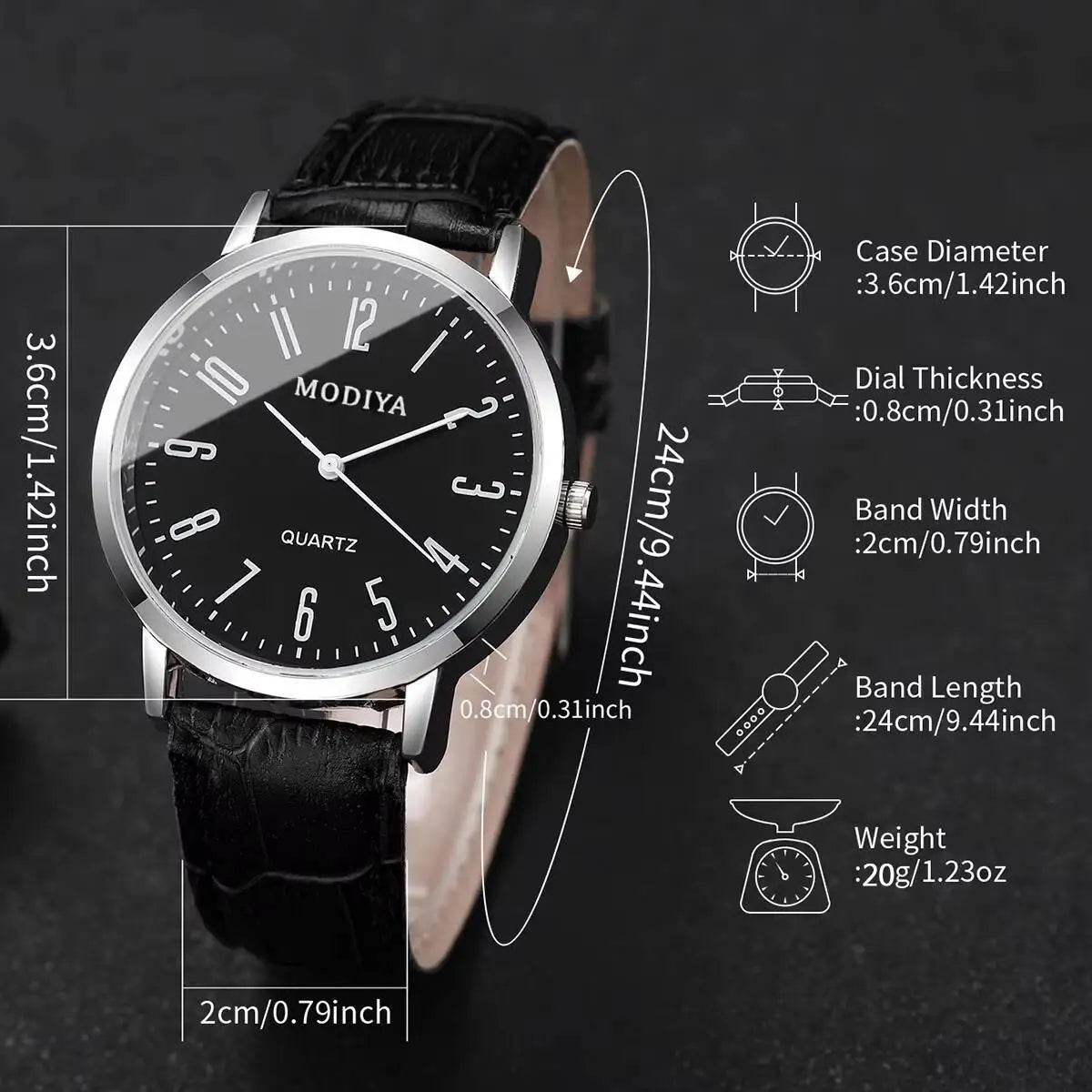 Men's Leather Strap Arabic Dial Quartz Watch Set