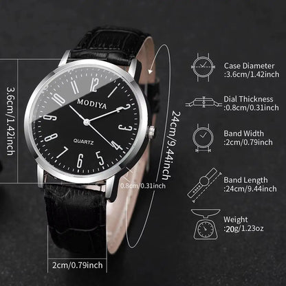 Men's Leather Strap Arabic Dial Quartz Watch Set