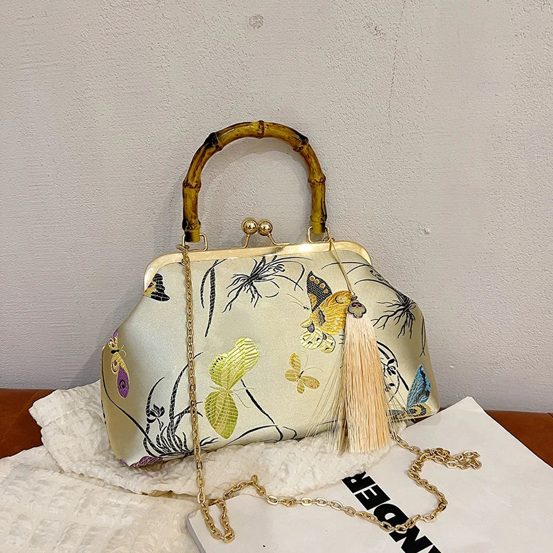 Luxury Embroidered Evening Handbag with Bamboo Handle
