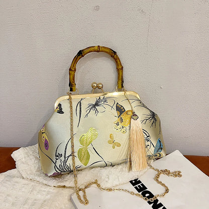 Luxury Embroidered Evening Handbag with Bamboo Handle
