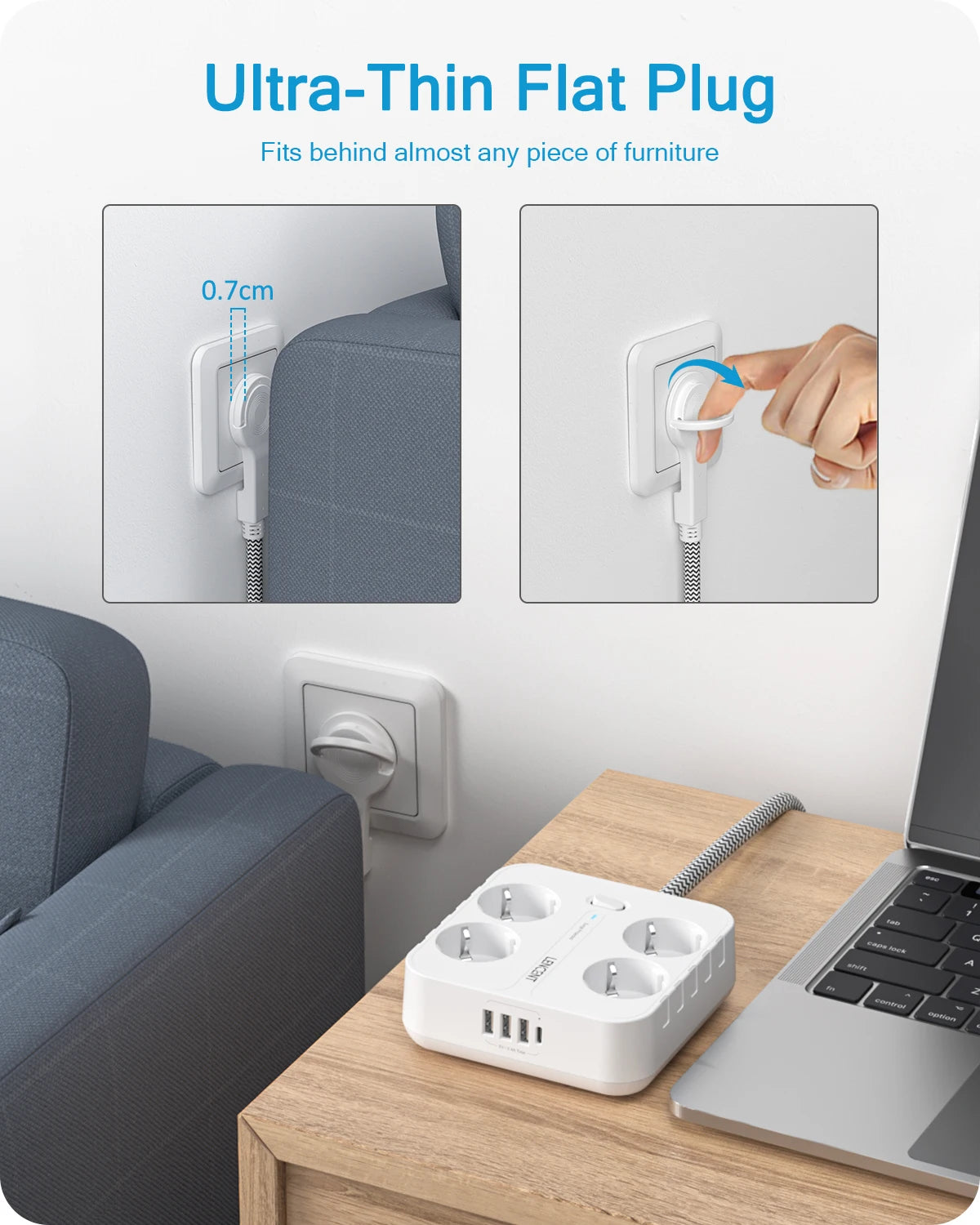 EU Power Strip with USB & Type-C Charging
