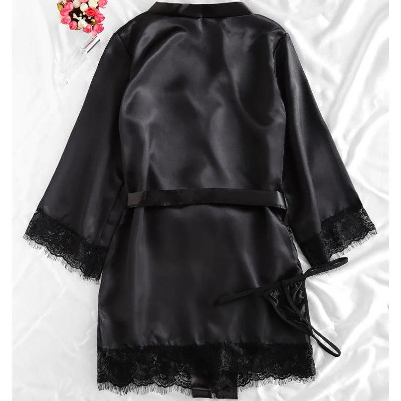 Black Sexy Satin 4-piece Lace Silk Nighdress Suit