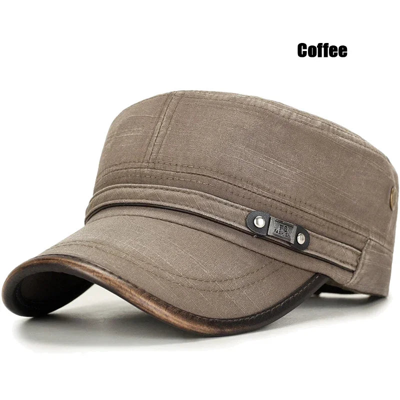 Washed Cotton Military Flat Cap with Leather Brim