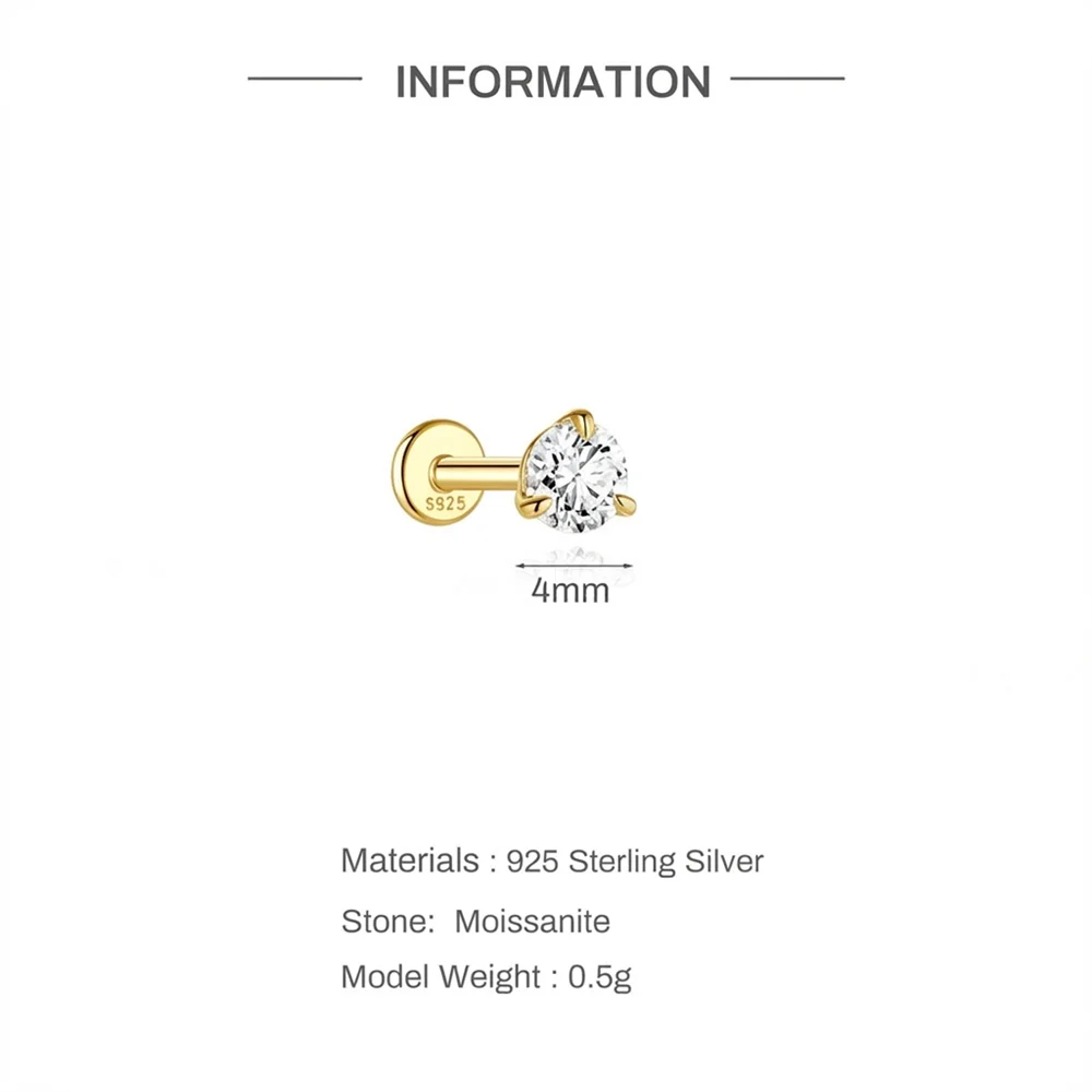 925 Sterling Silver Round Moissanite Stud Earring