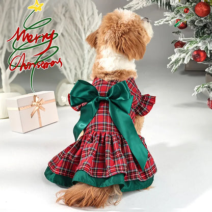 Plaid Christmas Dog Dress with Bow