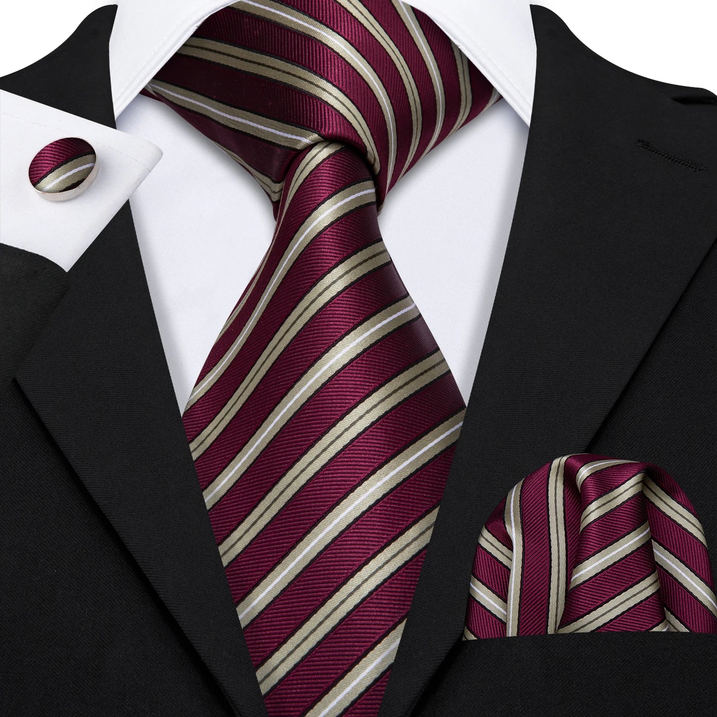 Barry Wang Jacquard Striped Silk Men's Tie Pocket Square Cufflinks Set