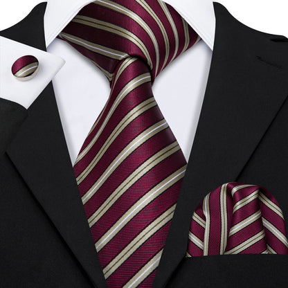 Barry Wang Jacquard Striped Silk Men's Tie Pocket Square Cufflinks Set