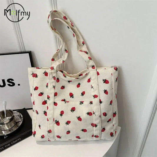 Corduroy Strawberry Print Tote Bag