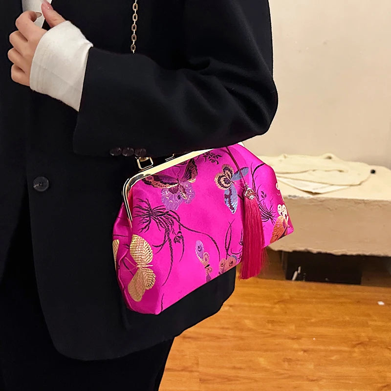 Luxury Embroidered Evening Handbag with Bamboo Handle