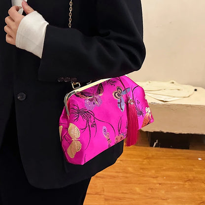 Luxury Embroidered Evening Handbag with Bamboo Handle