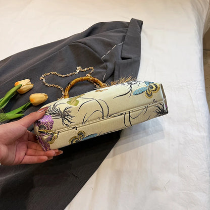 Luxury Embroidered Evening Handbag with Bamboo Handle