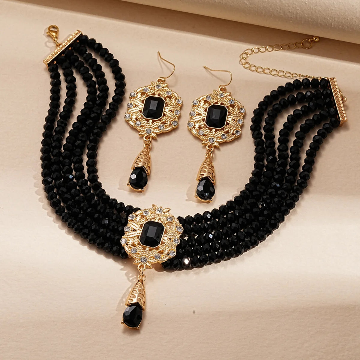 Multilayer Crystal Necklace & Geometric Earring Set