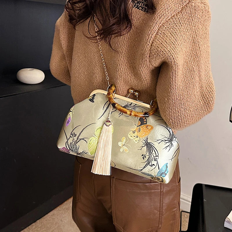 Luxury Embroidered Evening Handbag with Bamboo Handle