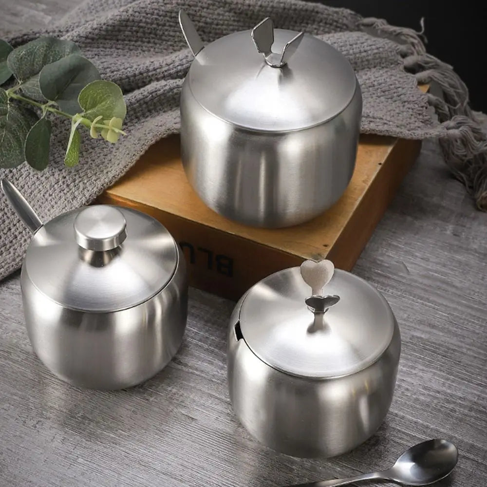 Stainless Steel Sugar Bowl with Lid & Spoon