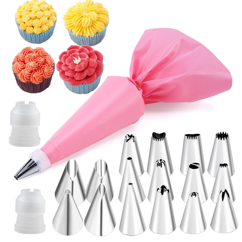 6-24 Pcs Set Pastry Bag and Stainless Steel Cake Nozzle